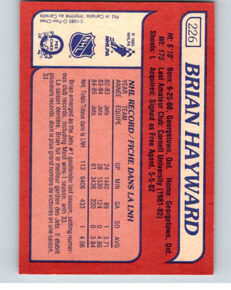1985-86 O-Pee-Chee #226 Brian Hayward  RC Rookie Winnipeg Jets  V56864 Image 2