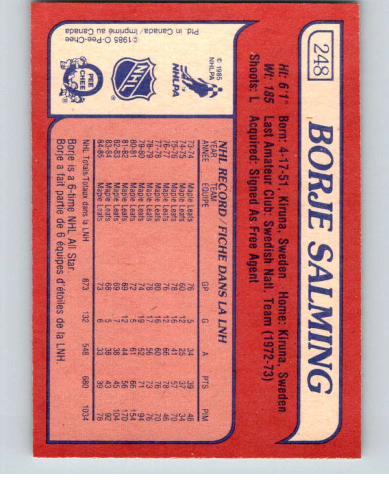 1985-86 O-Pee-Chee #248 Borje Salming  Toronto Maple Leafs  V56914 Image 2