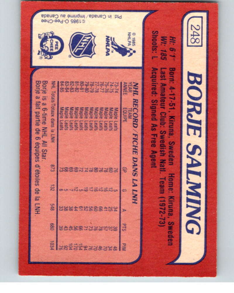 1985-86 O-Pee-Chee #248 Borje Salming  Toronto Maple Leafs  V56915 Image 2