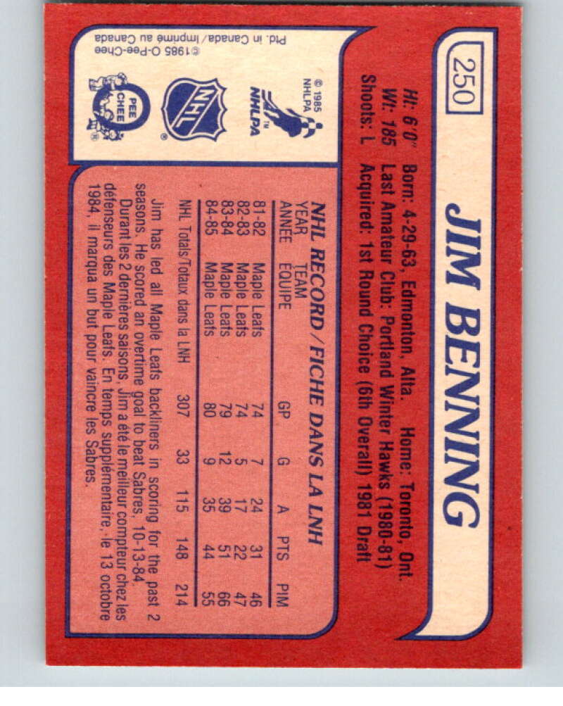 1985-86 O-Pee-Chee #250 Jim Benning  Toronto Maple Leafs  V56918 Image 2