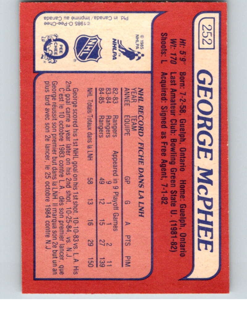1985-86 O-Pee-Chee #252 George McPhee RC Rookie Rangers  V56920 Image 2