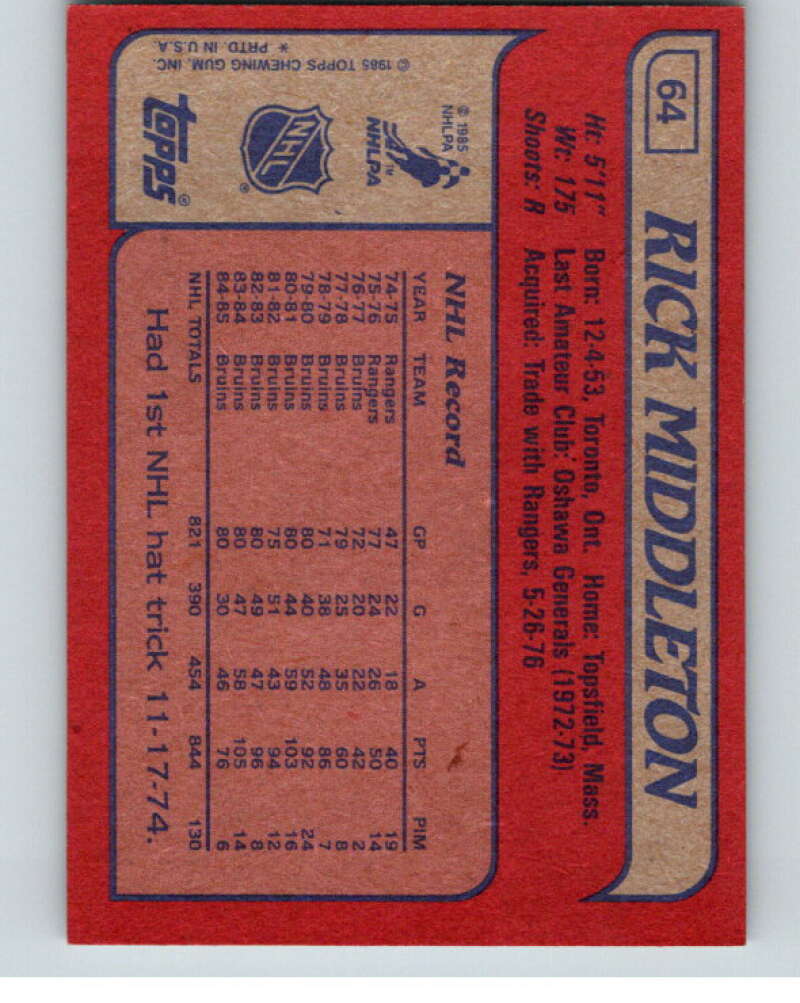 1985-86 Topps #64 Rick Middleton  Boston Bruins  V56967 Image 2