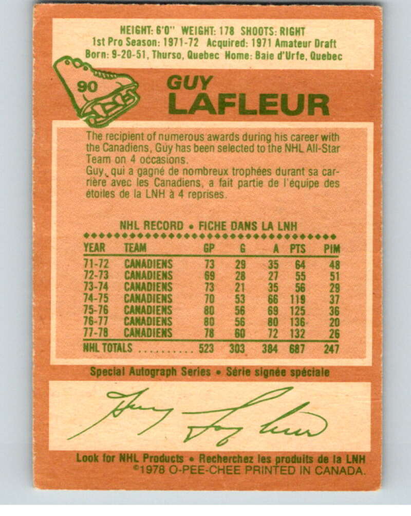 1978-79 O-Pee-Chee #90 Guy Lafleur AS  Montreal Canadiens  V57007 Image 2