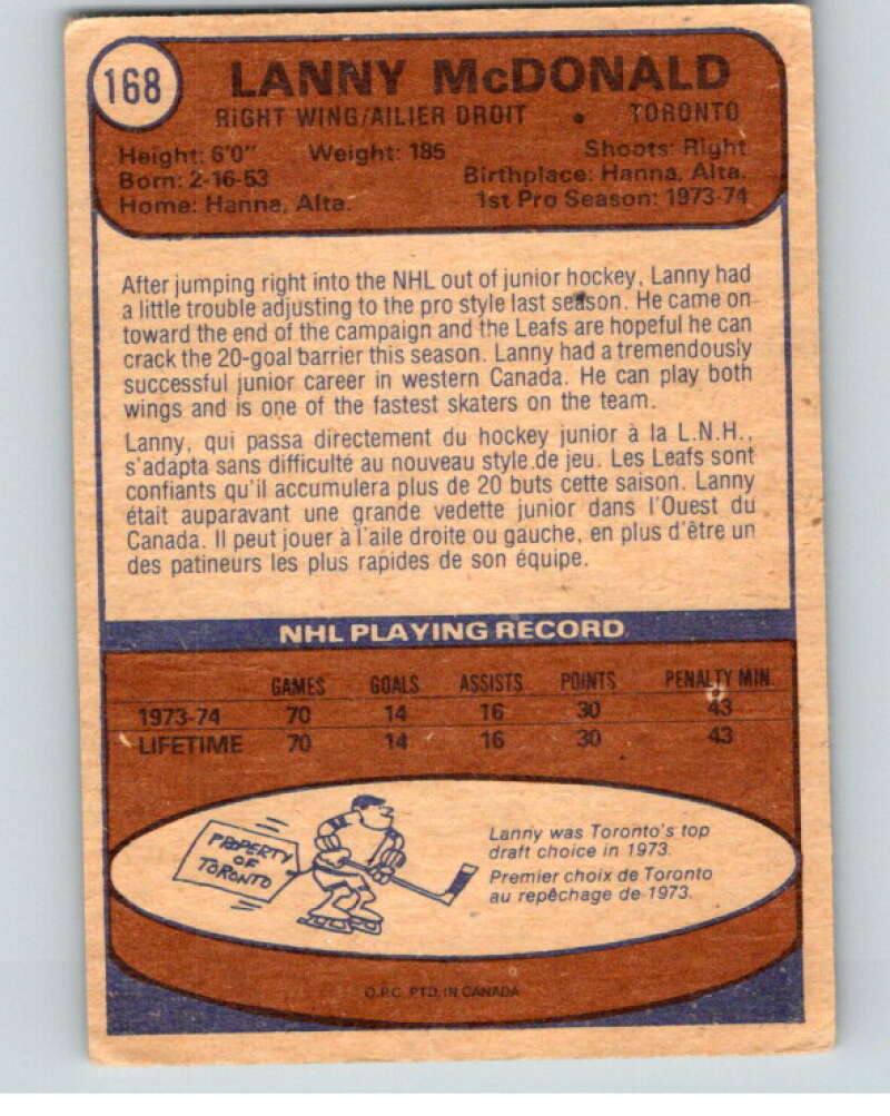1974-75 O-Pee-Chee #168 Lanny McDonald  RC Rookie Leafs  V57020 Image 2