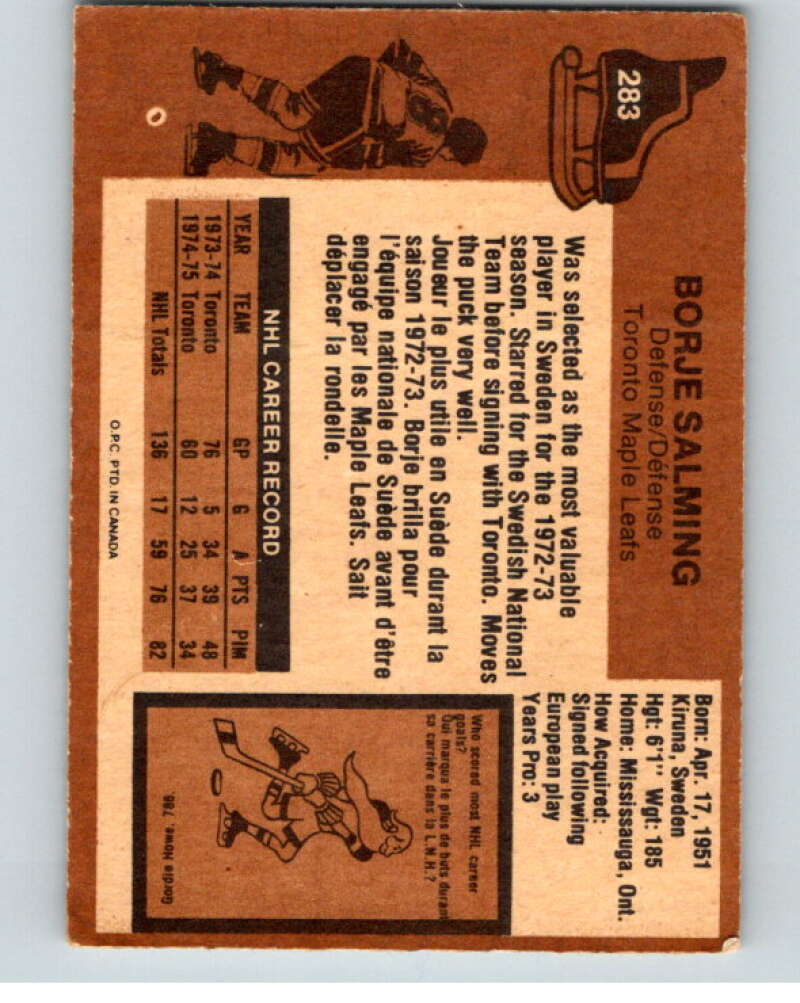 1975-76 O-Pee-Chee #283 Borje Salming  Toronto Maple Leafs  V57053 Image 2