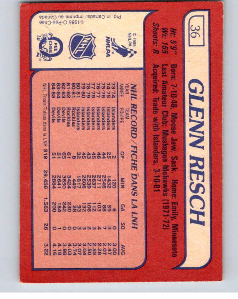 1985-86 O-Pee-Chee #36 Glenn Resch  New Jersey Devils  V57063 Image 2