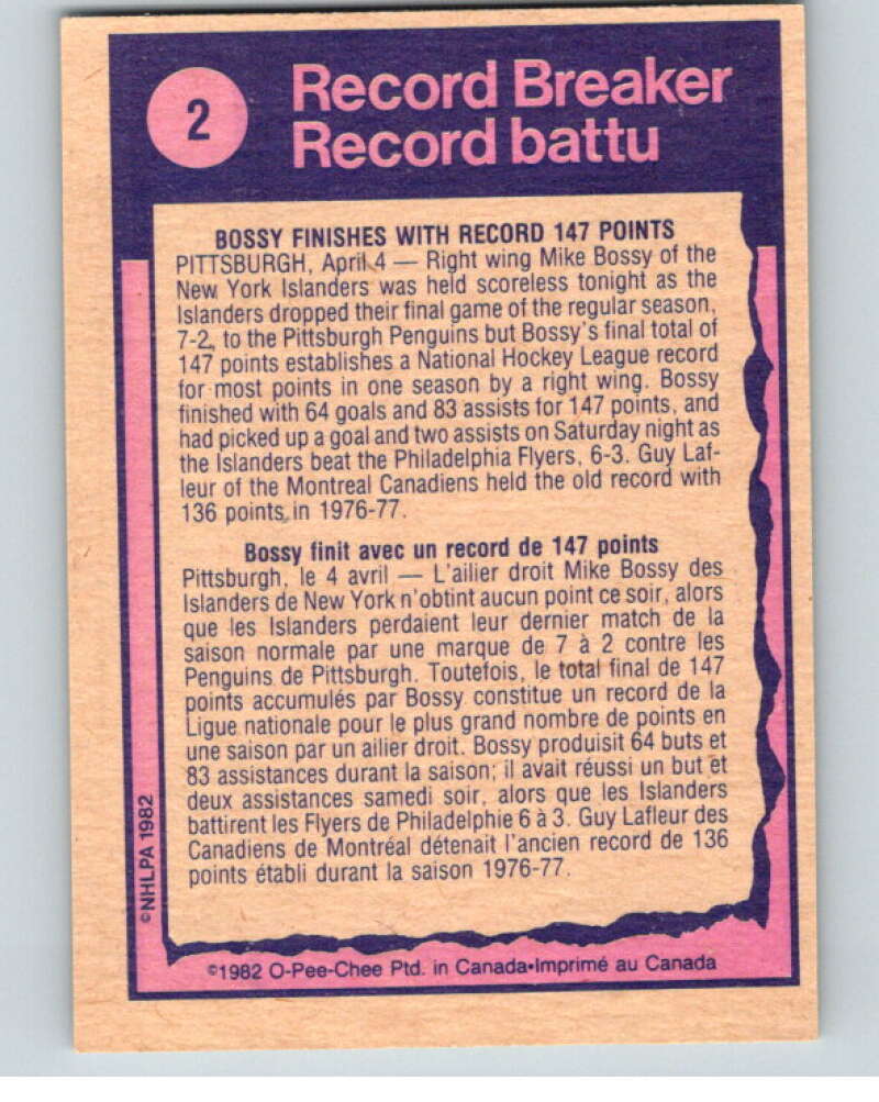 1982-83 O-Pee-Chee #2 Mike Bossy RB  New York Islanders  V57085 Image 2