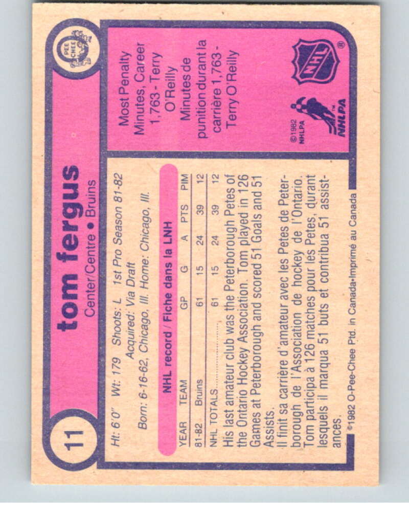 1982-83 O-Pee-Chee #11 Tom Fergus  RC Rookie Boston Bruins  V57129 Image 2