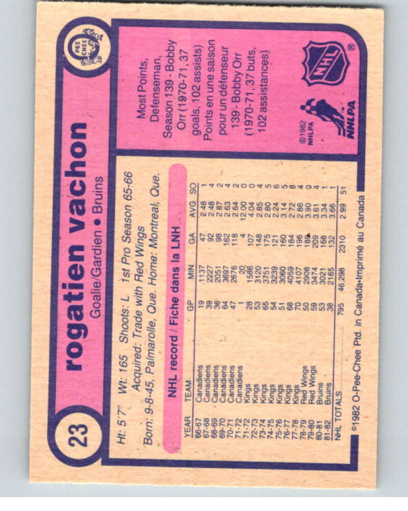 1982-83 O-Pee-Chee #23 Rogie Vachon  Boston Bruins  V57206 Image 2