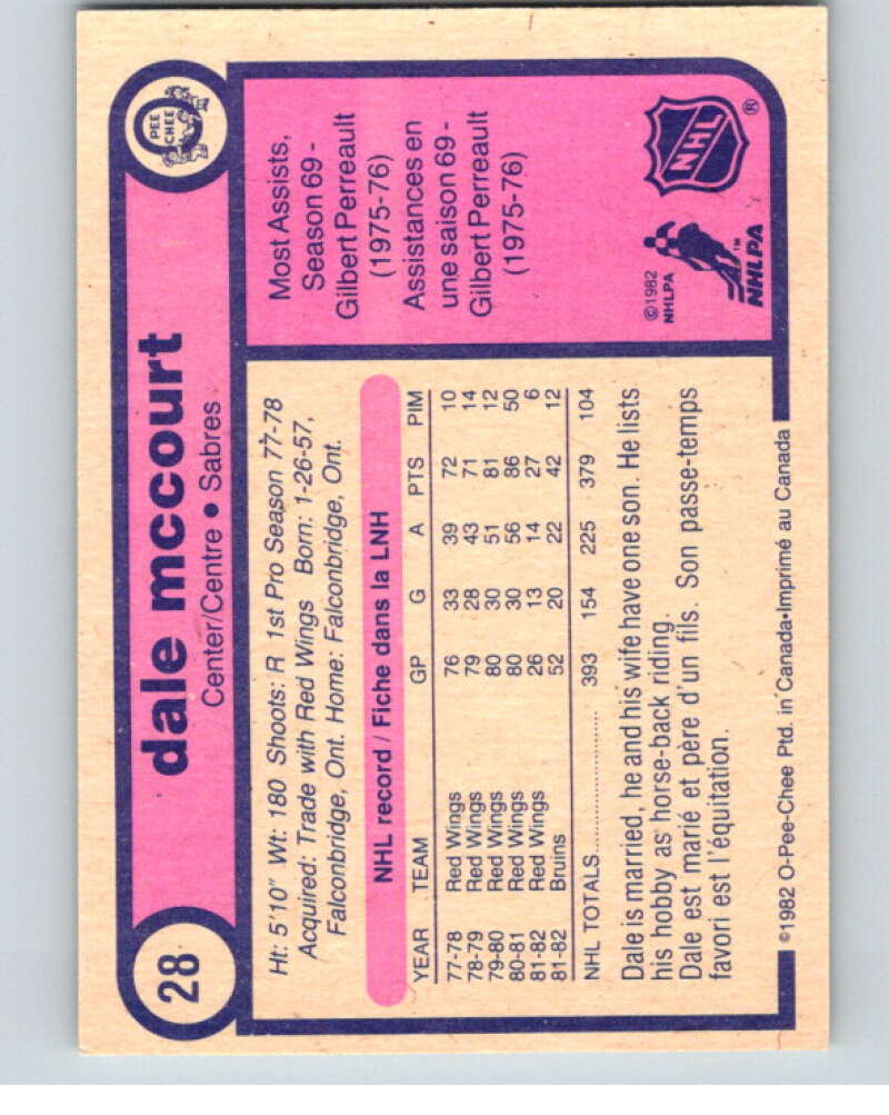 1982-83 O-Pee-Chee #28 Dale McCourt  Buffalo Sabres  V57240 Image 2