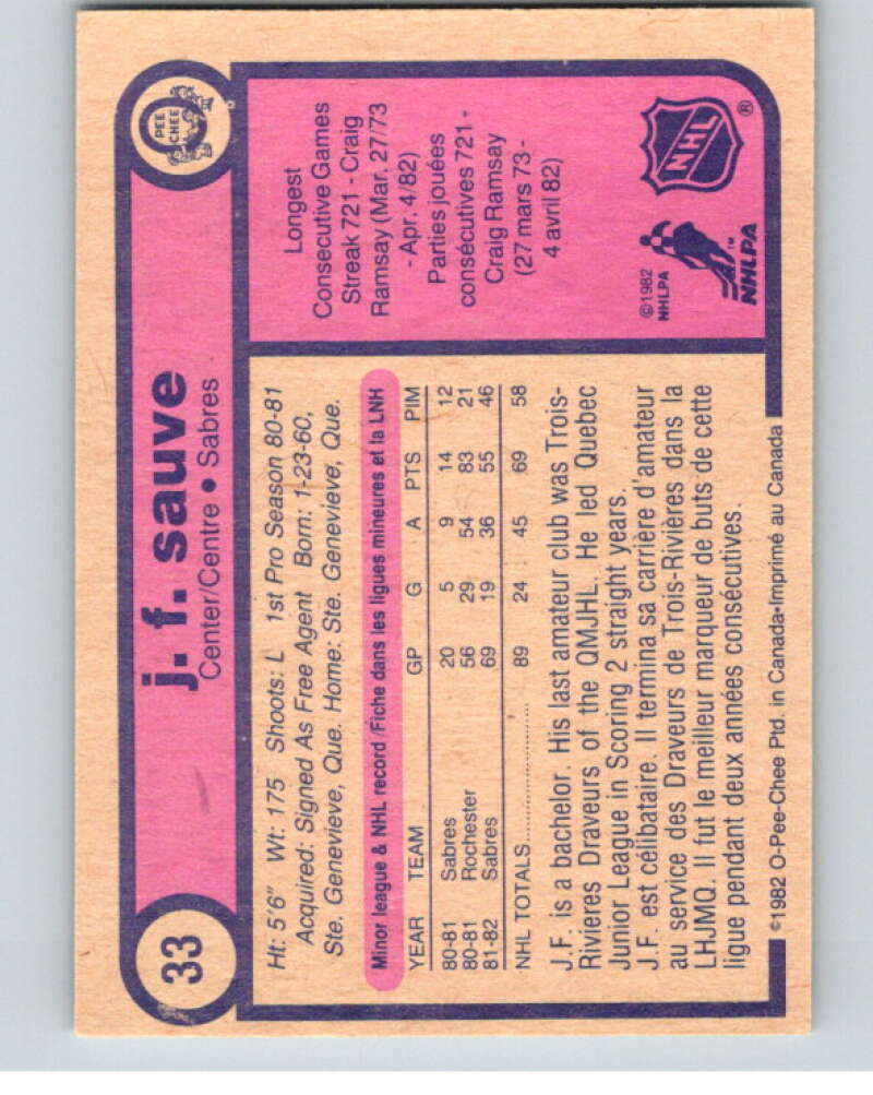 1982-83 O-Pee-Chee #33 J.F. Sauve  RC Rookie Buffalo Sabres  V57279 Image 2