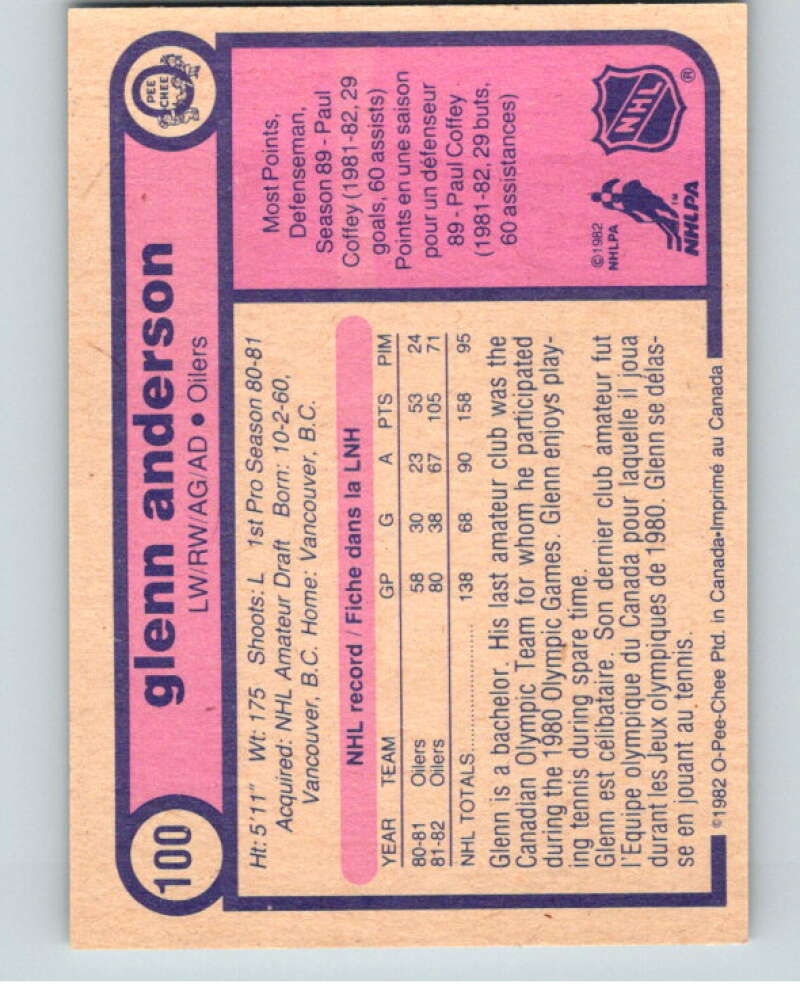 1982-83 O-Pee-Chee #100 Glenn Anderson  Edmonton Oilers  V57803 Image 2