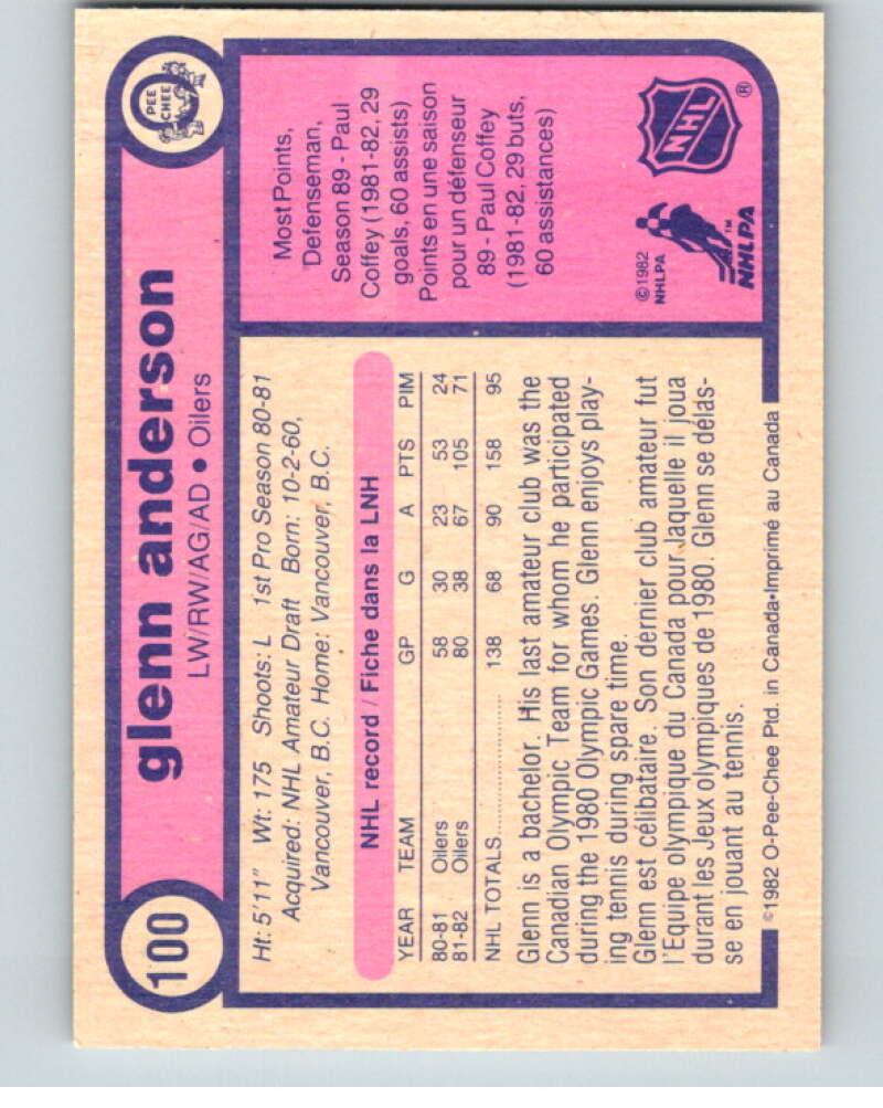 1982-83 O-Pee-Chee #100 Glenn Anderson  Edmonton Oilers  V57805 Image 2