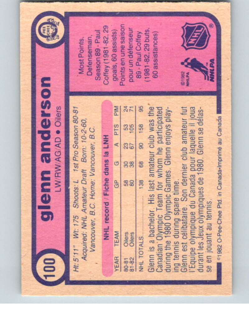 1982-83 O-Pee-Chee #100 Glenn Anderson  Edmonton Oilers  V57807 Image 2