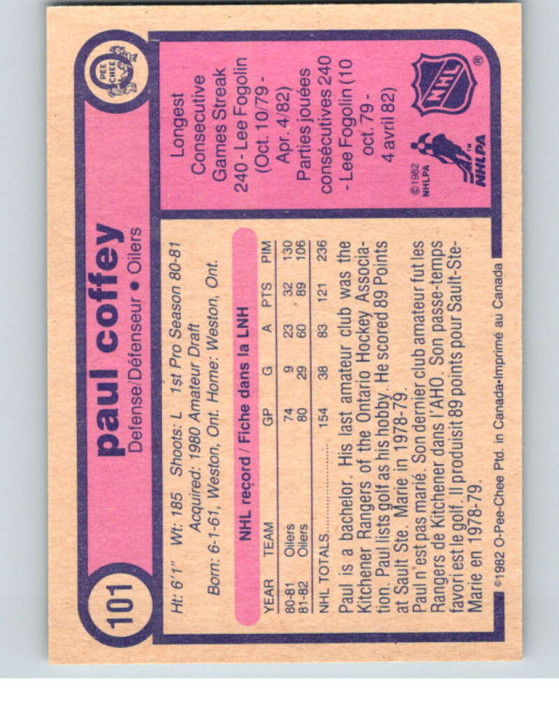 1982-83 O-Pee-Chee #101 Paul Coffey  Edmonton Oilers  V57809 Image 2