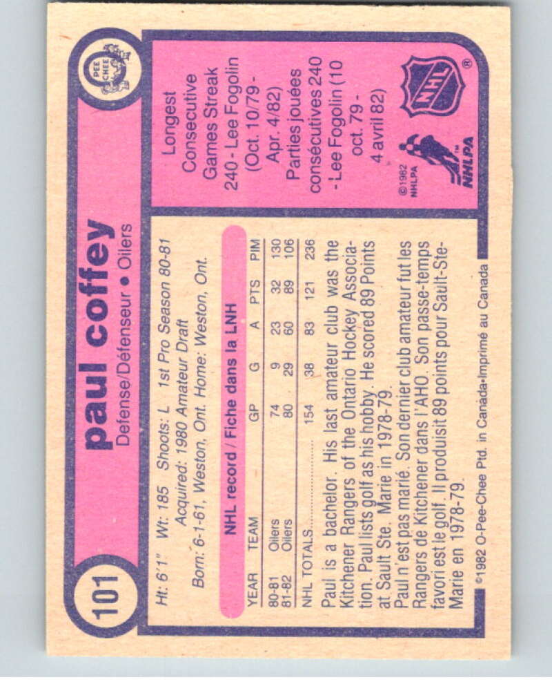 1982-83 O-Pee-Chee #101 Paul Coffey  Edmonton Oilers  V57810 Image 2