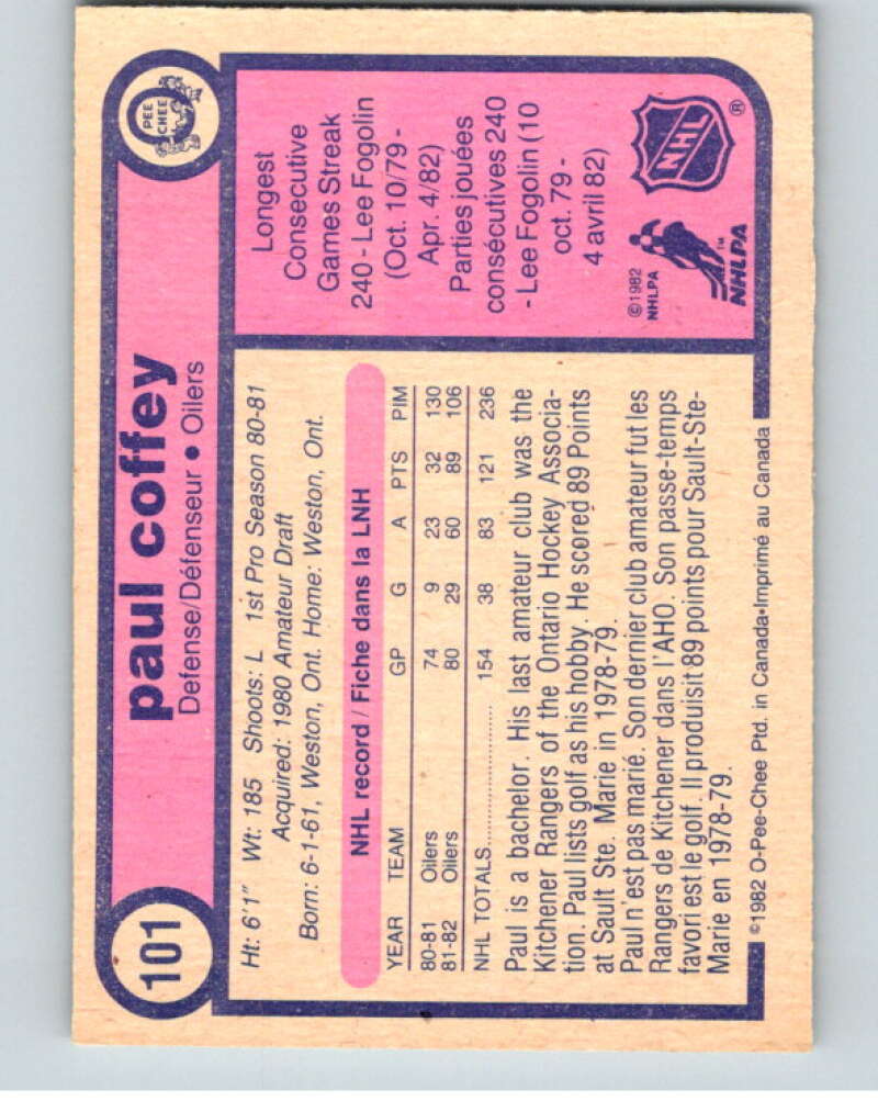 1982-83 O-Pee-Chee #101 Paul Coffey  Edmonton Oilers  V57811 Image 2