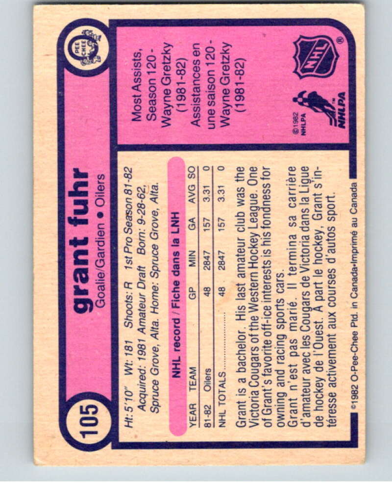 1982-83 O-Pee-Chee #105 Grant Fuhr  RC Rookie Edmonton Oilers  V57839 Image 2