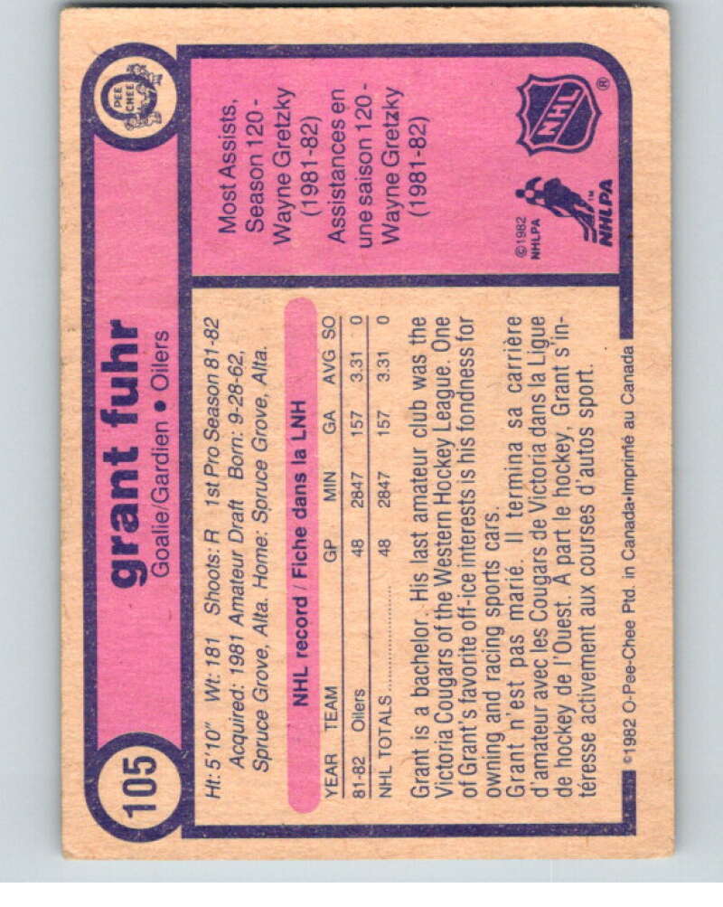 1982-83 O-Pee-Chee #105 Grant Fuhr  RC Rookie Edmonton Oilers  V57840 Image 2