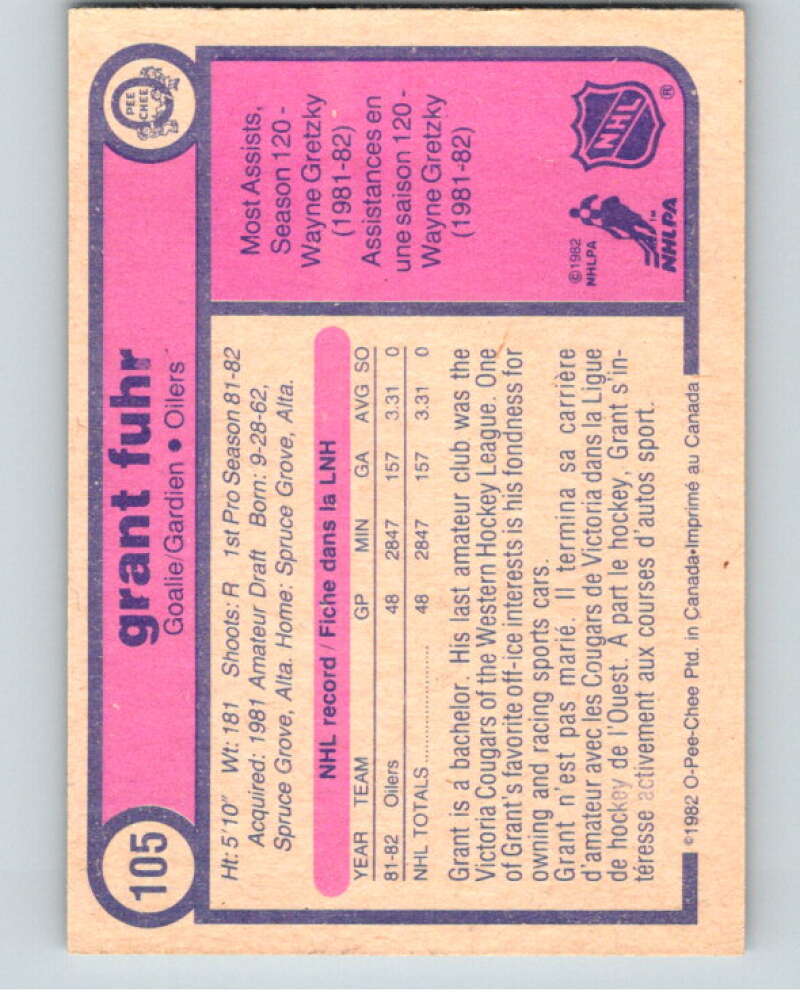 1982-83 O-Pee-Chee #105 Grant Fuhr  RC Rookie Edmonton Oilers  V57841 Image 2