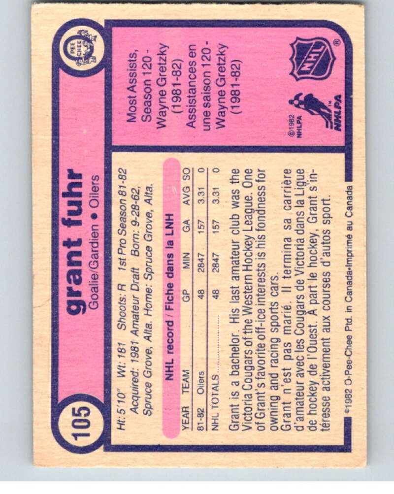 1982-83 O-Pee-Chee #105 Grant Fuhr  RC Rookie Edmonton Oilers  V57843 Image 2