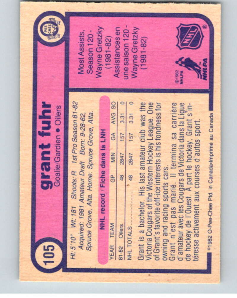 1982-83 O-Pee-Chee #105 Grant Fuhr  RC Rookie Edmonton Oilers  V57844 Image 2