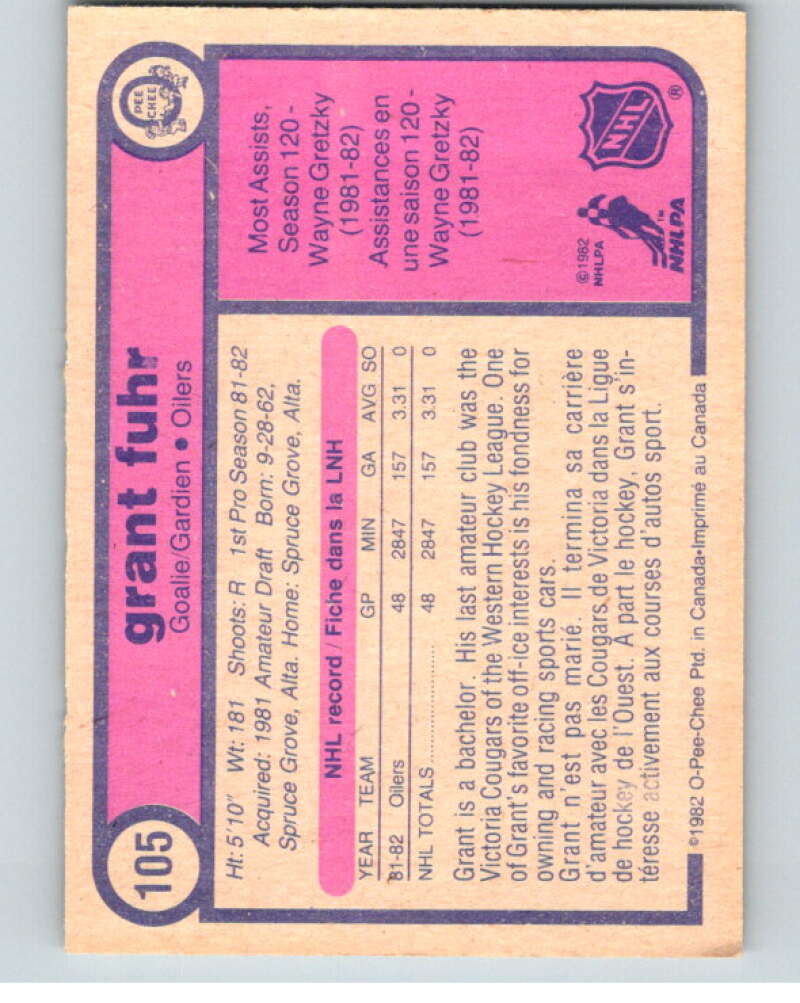 1982-83 O-Pee-Chee #105 Grant Fuhr  RC Rookie Edmonton Oilers  V57845 Image 2