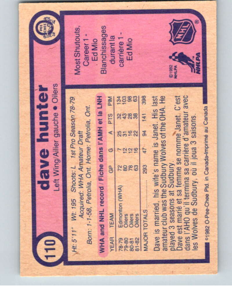 1982-83 O-Pee-Chee #110 Dave Hunter  Edmonton Oilers  V57864 Image 2