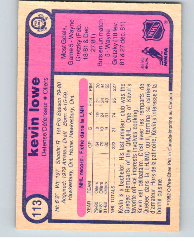 1982-83 O-Pee-Chee #113 Kevin Lowe Edmonton Oilers  V57879 Image 2