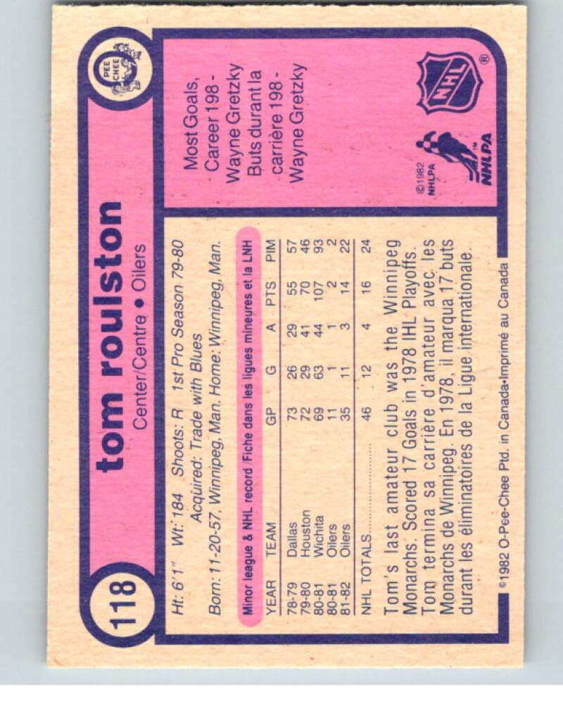 1982-83 O-Pee-Chee #118 Tom Roulston  RC Rookie Edmonton Oilers  V58011 Image 2