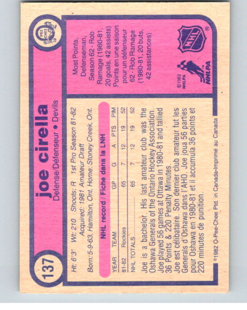 1982-83 O-Pee-Chee #137 Joe Cirella  RC Rookie New Jersey Devils  V57951 Image 2