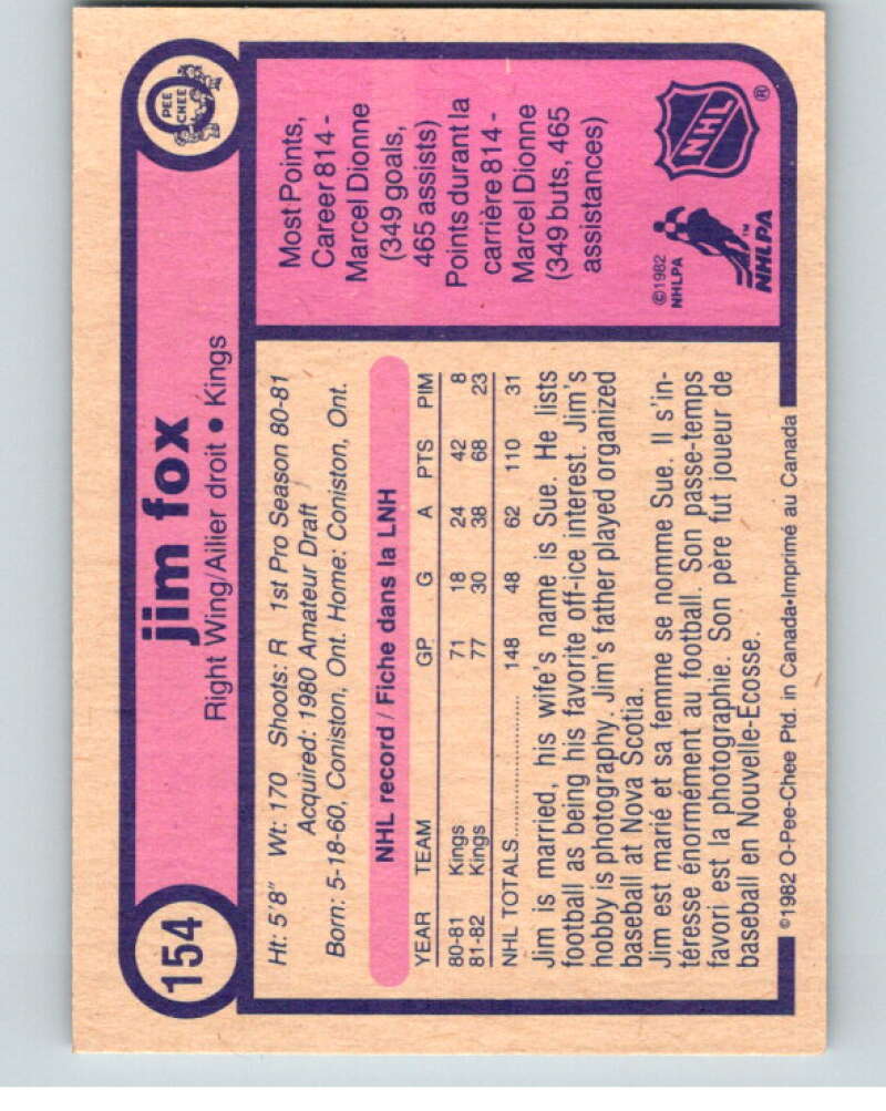 1982-83 O-Pee-Chee #154 Jim Fox  Los Angeles Kings  V58178 Image 2