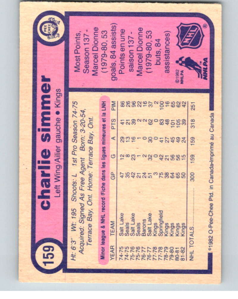 1982-83 O-Pee-Chee #159 Charlie Simmer  RC Rookie Los Angeles Kings  V58209 Image 2