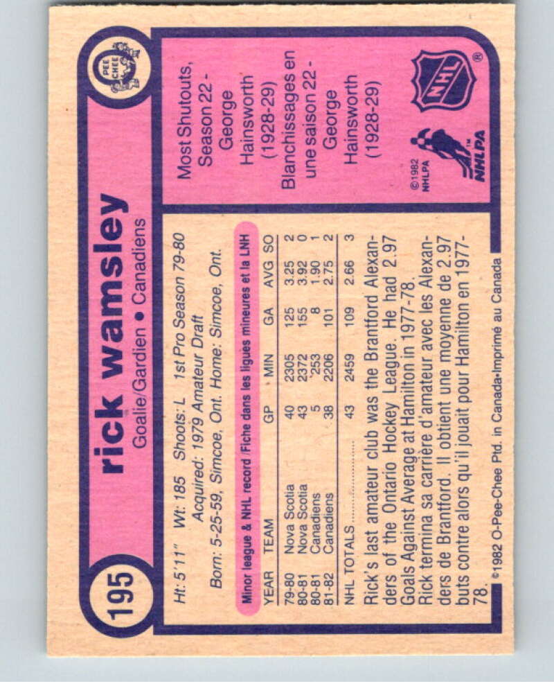 1982-83 O-Pee-Chee #195 Rick Wamsley  RC Rookie Montreal Canadiens  V58454 Image 2
