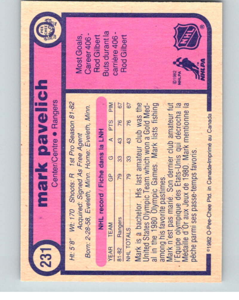 1982-83 O-Pee-Chee #231 Mark Pavelich  RC Rookie New York Rangers  V58703 Image 2