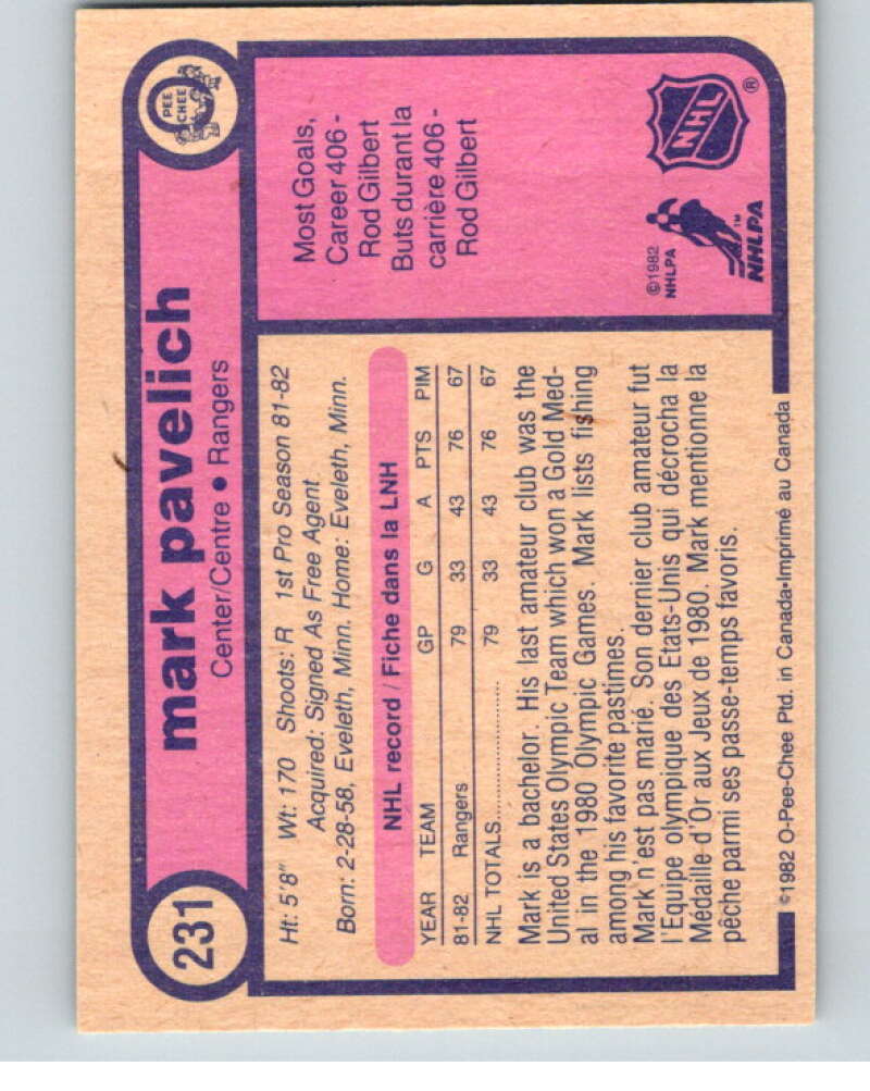 1982-83 O-Pee-Chee #231 Mark Pavelich  RC Rookie New York Rangers  V58704 Image 2