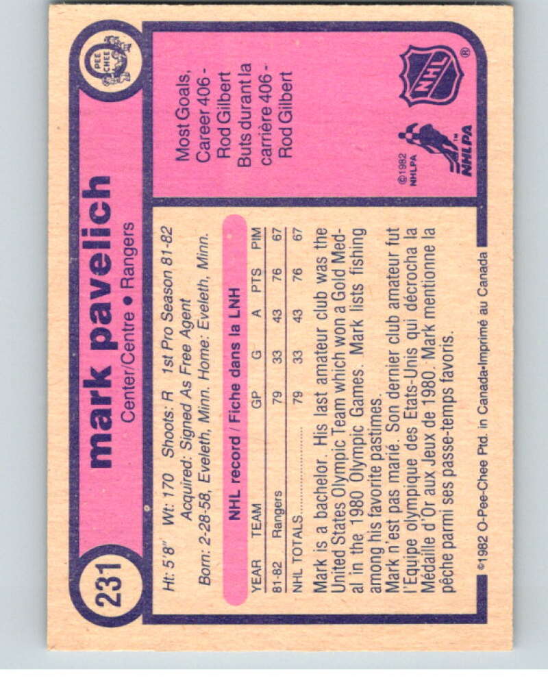 1982-83 O-Pee-Chee #231 Mark Pavelich  RC Rookie New York Rangers  V58705 Image 2