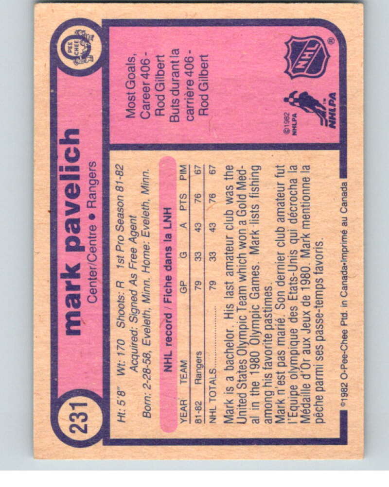 1982-83 O-Pee-Chee #231 Mark Pavelich  RC Rookie New York Rangers  V58706 Image 2