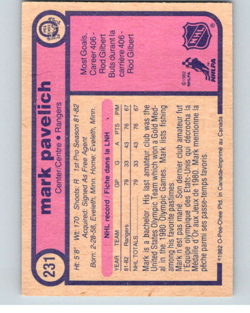 1982-83 O-Pee-Chee #231 Mark Pavelich  RC Rookie New York Rangers  V58707 Image 2