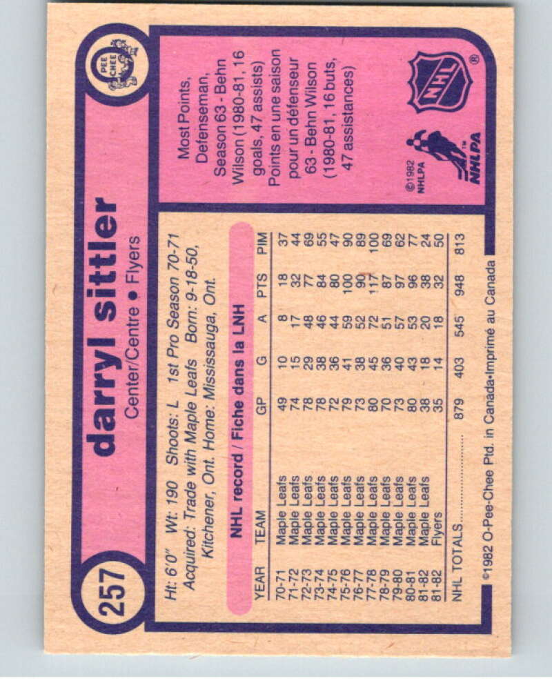 1982-83 O-Pee-Chee #257 Darryl Sittler  Philadelphia Flyers  V58855 Image 2