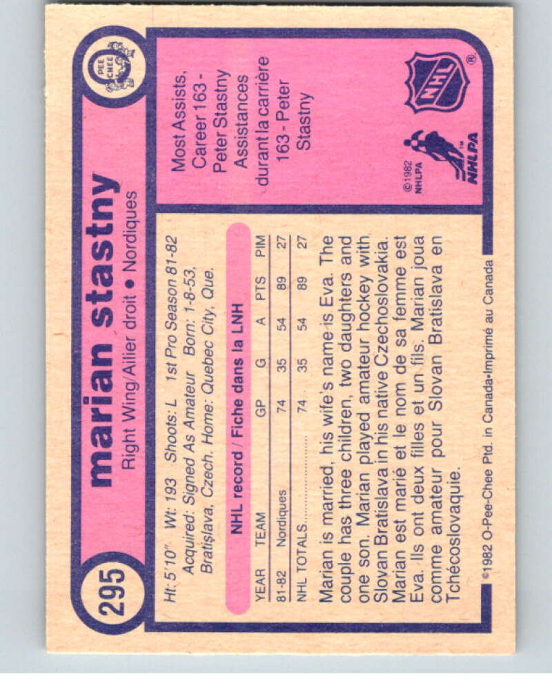 1982-83 O-Pee-Chee #295 Marian Stastny  RC Rookie Quebec Nordiques  V59146 Image 2