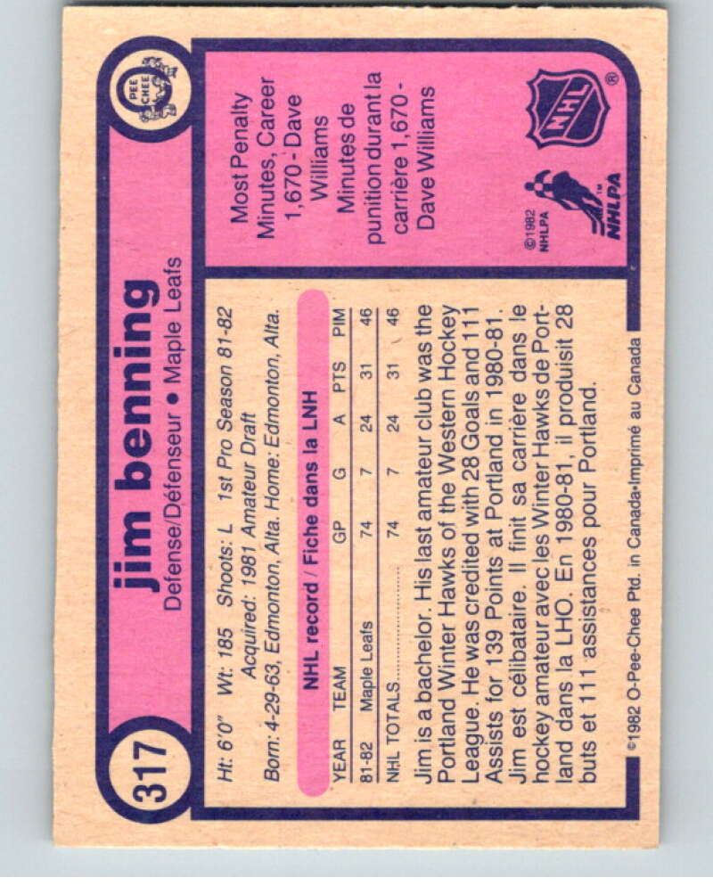 1982-83 O-Pee-Chee #317 Jim Benning  RC Rookie Toronto Maple Leafs  V59312 Image 2