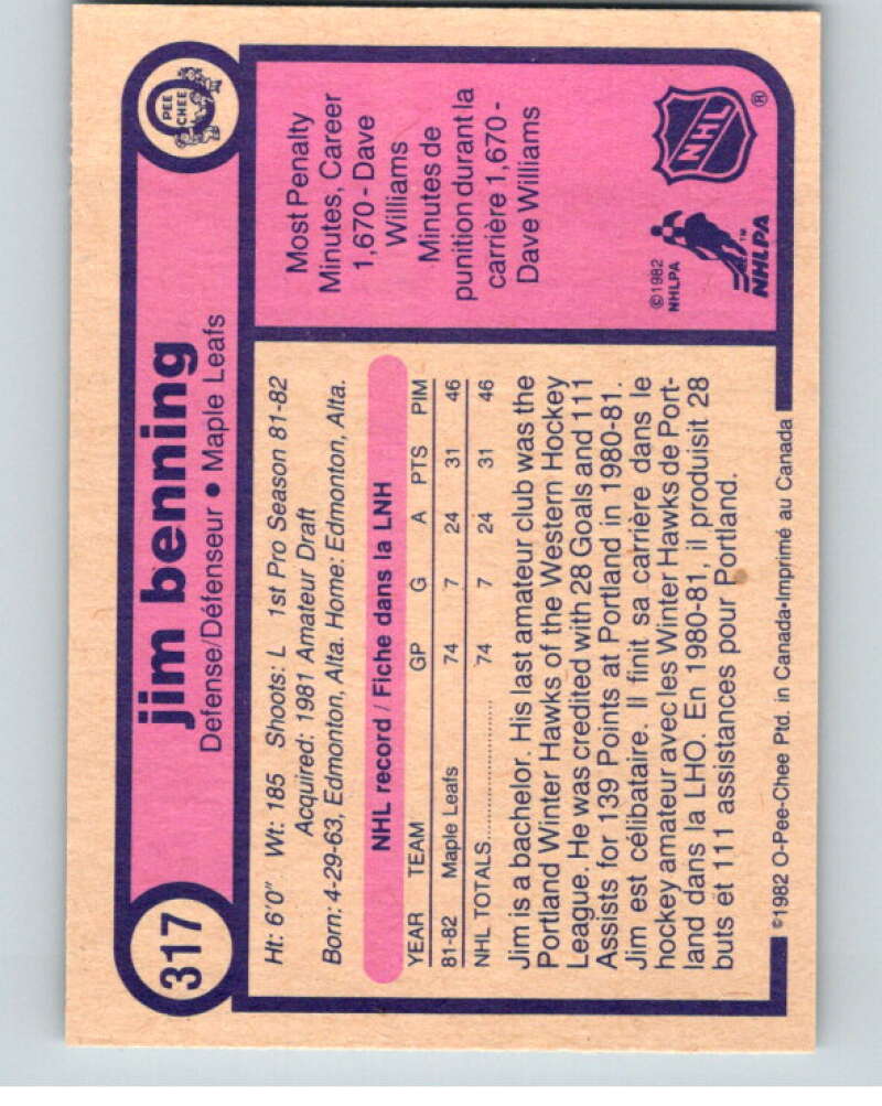 1982-83 O-Pee-Chee #317 Jim Benning  RC Rookie Toronto Maple Leafs  V59314 Image 2