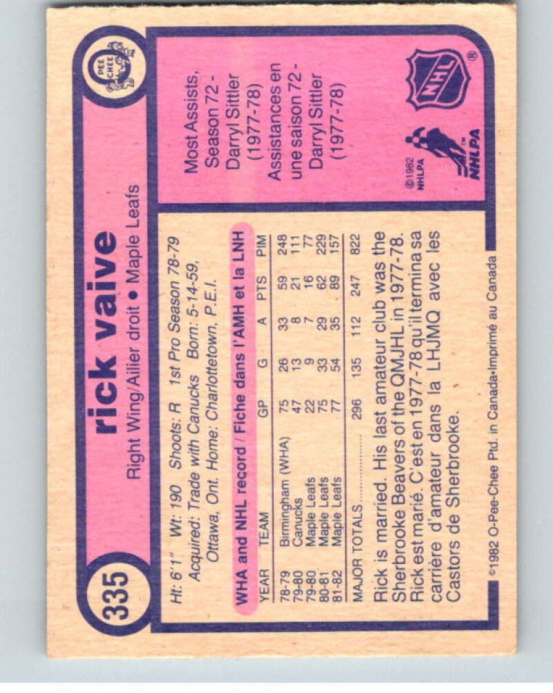 1982-83 O-Pee-Chee #335 Rick Vaive  Toronto Maple Leafs  V59438 Image 2