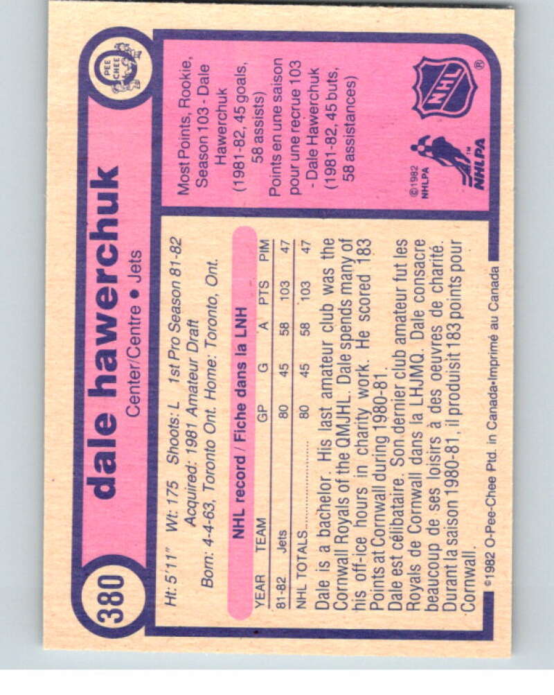 1982-83 O-Pee-Chee #380 Dale Hawerchuk  RC Rookie Winnipeg Jets  V59809 Image 2