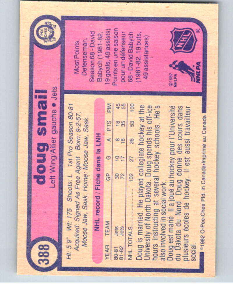1982-83 O-Pee-Chee #388 Doug Smail  RC Rookie Winnipeg Jets  V59861 Image 2