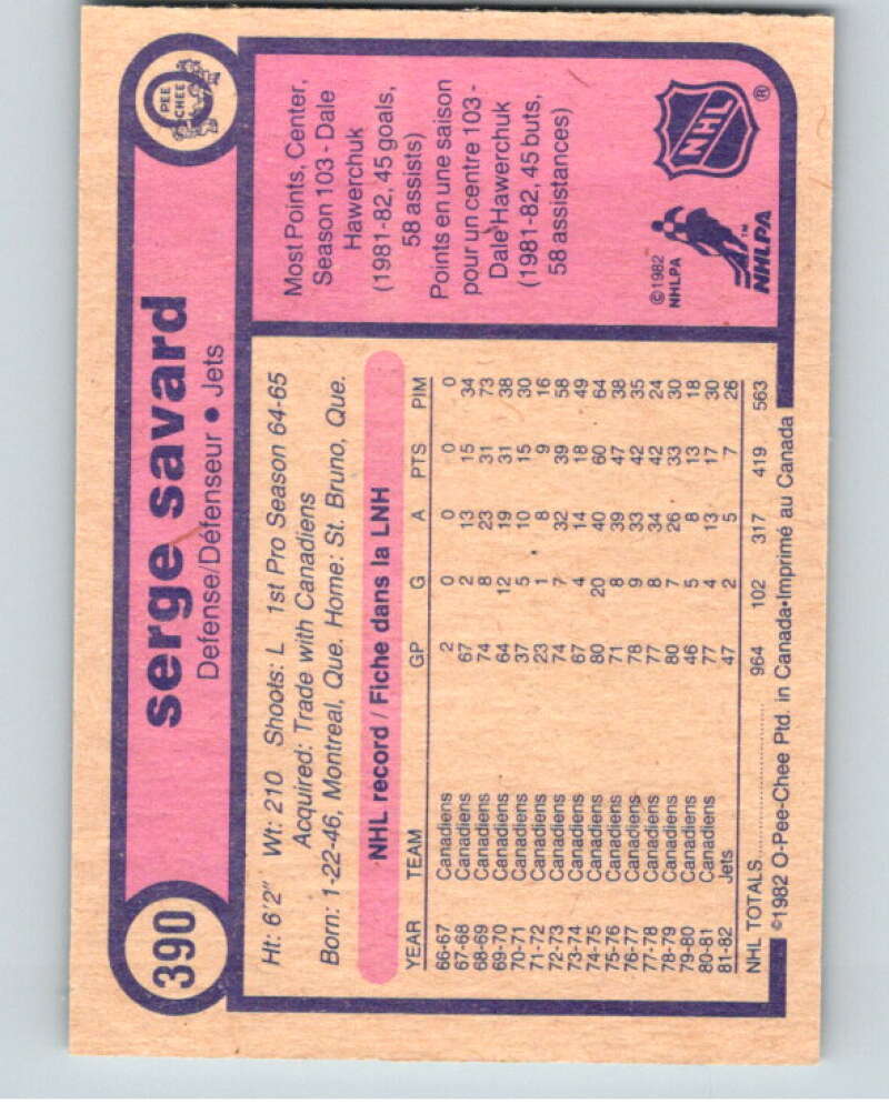 1982-83 O-Pee-Chee #390 Serge Savard  Winnipeg Jets  V59881 Image 2