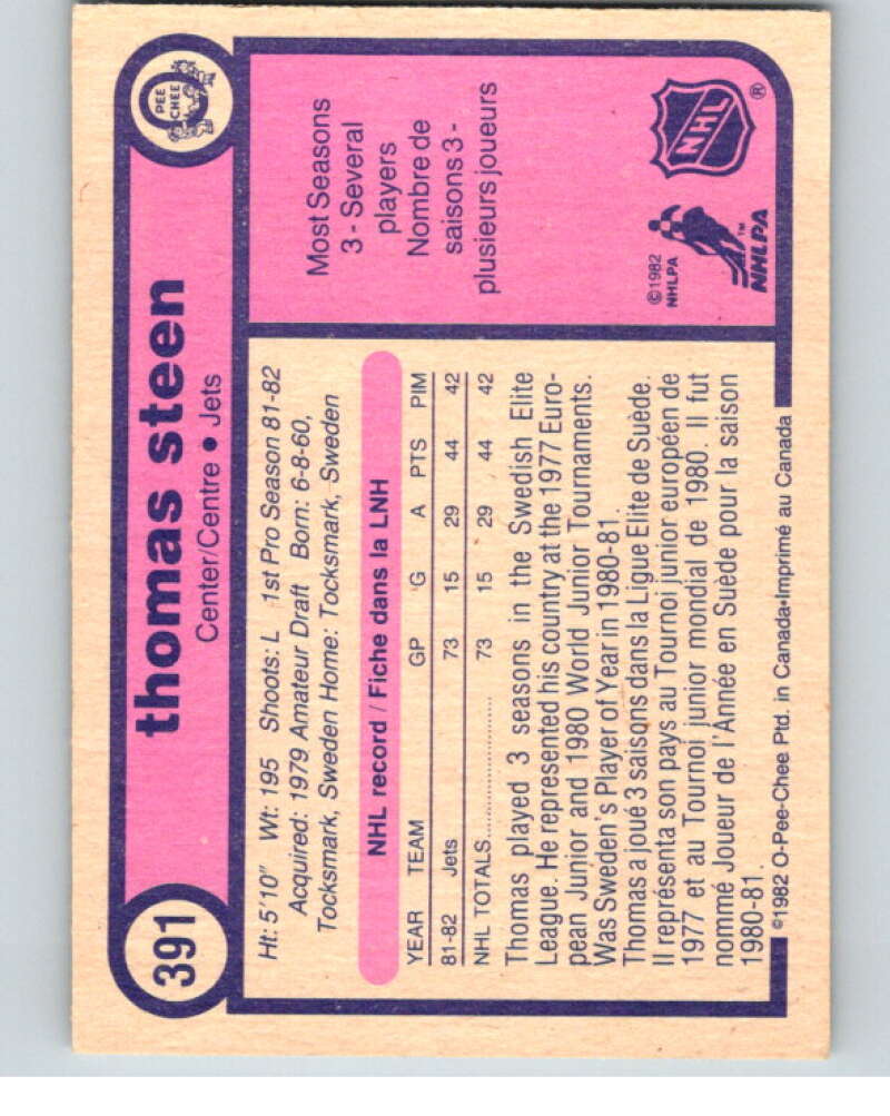 1982-83 O-Pee-Chee #391 Thomas Steen  RC Rookie Winnipeg Jets  V59893 Image 2