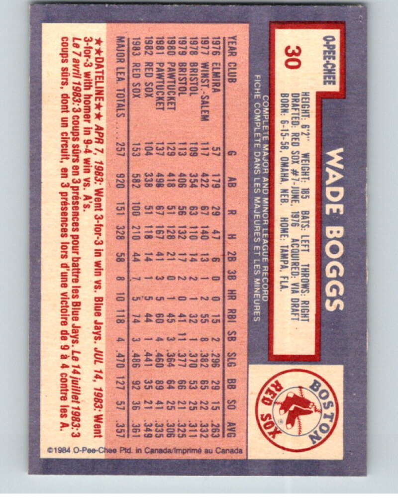 1984 O-Pee-Chee Baseball #30 Wade Boggs  Boston Red Sox  V59929 Image 2