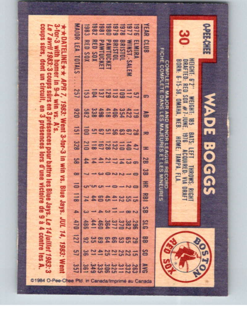 1984 O-Pee-Chee Baseball #30 Wade Boggs  Boston Red Sox  V59931 Image 2